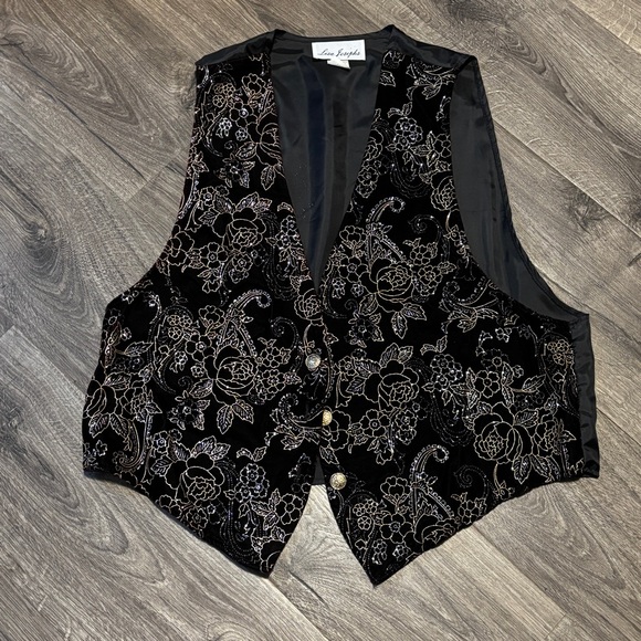 Vintage Lisa Josephs Black Glitter Floral Vest - Picture 1 of 5
